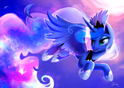 Size: 4334x3064 | Tagged: safe, artist:shira-hedgie, imported from derpibooru, princess luna, alicorn, pony, 2016, bedroom eyes, cute, feather, female, flying, glowing mane, happy, high res, lidded eyes, looking back, lunabetes, mare, night, old art, open mouth, sky, smiling, solo, sparkles, stars