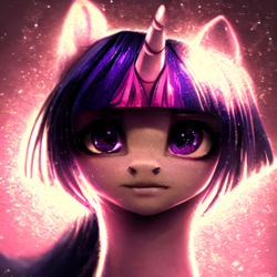 Size: 1024x1024 | Tagged: safe, editor:hawkeyethree, imported from derpibooru, twilight sparkle, pony, ai content, ai generated, backlighting, bust, female, generator:purplesmart.ai, generator:stable diffusion, grainy, horn, looking at you, mare, portrait, solo, uncanny valley