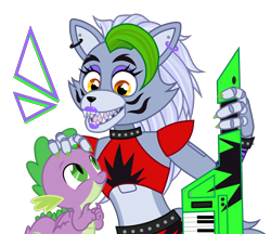 Size: 2300x1987 | Tagged: safe, artist:cherry_tree, artist:ponygamer2020, editor:ponygamer2020, imported from derpibooru, spike, dragon, wolf, absurd resolution, animatronic, base used, choker, crossover, cute, duo, duo male and female, ear piercing, earring, female, five nights at freddy's, five nights at freddy's: security breach, jewelry, keytar, male, markings, musical instrument, open mouth, petting, piercing, roxanne wolf, simple background, spikabetes, spiked choker, spiked wristband, spikelove, transparent background, vector, vector used, winged spike, wings, wristband