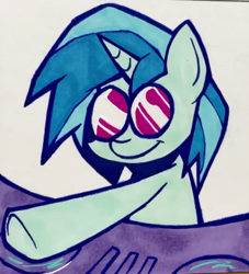 Size: 325x358 | Tagged: safe, artist:lu&ss, imported from derpibooru, dj pon-3, vinyl scratch, pony, unicorn, female, friday night funkin', funkin' is magic, glasses, horn, mare, marker drawing, smiling, solo, traditional art, turntable, vinyl's glasses, youtube link