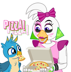 Size: 2000x2050 | Tagged: safe, artist:cherry_tree, artist:ponygamer2020, editor:ponygamer2020, imported from derpibooru, gallus, bird, chicken, griffon, robot, animatronic, base used, bigender, bigender pride flag, bisexual pride flag, bow, chica, crossover, cute, duo, duo male and female, ear piercing, earring, eating, face paint, female, five nights at freddy's, five nights at freddy's: security breach, food, gallabetes, gallus the rooster, glamrock chica, hair bow, jewelry, male, nom, open mouth, piercing, pizza, pizza box, pride, pride flag, rooster, simple background, spiked wristband, transparent background, vector, vector used, wings, wristband