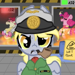Size: 2000x2000 | Tagged: safe, artist:nootaz, imported from derpibooru, derpy hooves, lily, lily valley, pinkie pie, roseluck, pegasus, pony, clothes, clown, fire, military uniform, pipe, space station 13, uniform