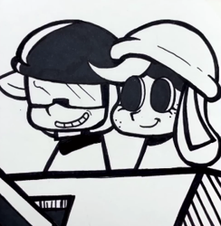 Size: 340x348 | Tagged: safe, artist:lu&ss, imported from derpibooru, applejack, earth pony, pony, how applejack won the war, black and white, duo, female, freckles, friday night funkin', funkin' is magic, grayscale, helmet, male, mare, marker drawing, monochrome, newgrounds, smiling, soldier, stallion, tank (vehicle), tankmen, traditional art, youtube link