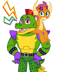 Size: 2200x2700 | Tagged: safe, artist:cherry_tree, artist:ponygamer2020, editor:ponygamer2020, imported from derpibooru, smolder, alligator, dragon, animatronic, badass, base used, belt, cute, dragoness, duo, duo male and female, female, five nights at freddy's, five nights at freddy's: security breach, glasses, horn, looking at you, male, montgomery gator, open mouth, simple background, smiling, smiling at you, smolderbetes, spiked wristband, transparent background, vector, vector used, wristband