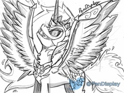 Size: 1080x810 | Tagged: safe, artist:pendisplay, imported from derpibooru, daybreaker, princess celestia, alicorn, pony, black and white, drawing, female, grayscale, mare, monochrome, simple background, solo