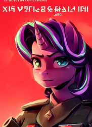 Size: 1024x1408 | Tagged: safe, imported from derpibooru, starlight glimmer, anthro, unicorn, ai content, ai generated, clothes, communism, female, generator:purplesmart.ai, generator:stable diffusion, gibberish, hieroglyphics, illegible text, looking at you, military uniform, poster, propaganda, recruitment poster, red background, simple background, solo, soviet, stalin glimmer, uniform