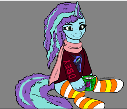 Size: 1053x904 | Tagged: safe, artist:badmovieknight, imported from derpibooru, nightmare moon, opaline arcana, alicorn, pony, unicorn, spoiler:g5, spoiler:my little pony: make your mark, autumn, candy corn socks, chocolate, clothes, cute, female, food, g5, gray background, halloween, holiday, hot chocolate, mare, misty brightdawn, my little pony: a new generation, my little pony: make your mark, obey, scarf, simple background, sitting, socks, solo, striped socks, sweater