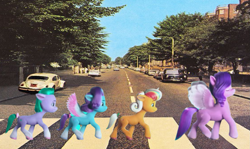 Size: 1191x710 | Tagged: safe, edit, edited screencap, imported from derpibooru, screencap, pipp petals, earth pony, pegasus, pony, unicorn, spoiler:my little pony: make your mark chapter 2, spoiler:myms01e07, abbey road, female, filly, foal, g5, glory (g5), hoof done it?, my little pony: make your mark, my little pony: make your mark chapter 2, peach fizz, pippsqueak trio, pippsqueaks, seashell (g5), the beatles, where'd it go