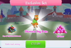 Size: 1268x858 | Tagged: safe, idw, imported from derpibooru, diamond dog, book, bow, bundle, bush, choker, collar, costs real money, dog collar, duke, english, gameloft, gem, hourglass, idw showified, key, key of unfettered entrance, male, my little pony: magic princess, numbers, official, orange fur, pillow, sale, solo, solo focus, text, unnamed character, unnamed diamond dog, yellow eyes