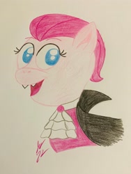 Size: 3024x4032 | Tagged: safe, artist:jesslmc16, imported from derpibooru, pinkie pie, earth pony, pony, undead, vampire, vampony, bust, clothes, colored, colored pencil drawing, costume, dracula, fangs, halloween, halloween costume, holiday, looking at you, october, portrait, smiling, smiling at you, solo, traditional art