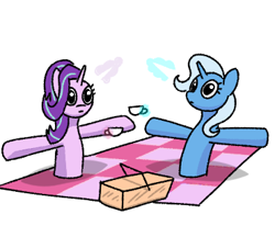 Size: 370x320 | Tagged: safe, artist:theuser, imported from derpibooru, starlight glimmer, trixie, pony, unicorn, basket, clipping, cup, duo, picnic basket, picnic blanket, simple background, t pose, teacup, white background