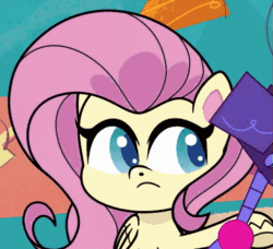 Size: 505x460 | Tagged: safe, imported from derpibooru, screencap, fluttershy, pegasus, pony, my little pony: pony life, spoiler:pony life s02e02, animated, cropped, cute, eyeroll, female, g4.5, gif, mare, shyabetes, the crystal capturing contraption