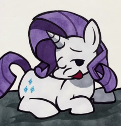 Size: 322x336 | Tagged: safe, artist:lu&ss, imported from derpibooru, rarity, pony, unicorn, bed, female, friday night funkin', funkin' is magic, horn, lying down, mare, marker drawing, one eye closed, prone, smiling, solo, traditional art, wink, youtube link