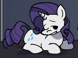 Size: 319x237 | Tagged: safe, artist:rainbrony, edit, imported from derpibooru, rarity, pony, unicorn, bed, bedroom, bedroom eyes, cropped, female, friday night funkin', funkin' is magic, horn, kush, lying down, mare, one eye closed, prone, smiling, solo, wink, youtube link