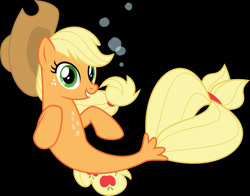 Size: 1280x1001 | Tagged: safe, artist:orin331, imported from derpibooru, applejack, earth pony, pony, seapony (g4), black background, bubble, commission, cute, dorsal fin, female, fish tail, flowing mane, flowing tail, freckles, green eyes, hat, mare, seaponified, seapony applejack, simple background, smiling, solo, species swap, swimming, tail, teeth, underwater, water, yellow mane