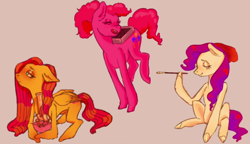 Size: 660x380 | Tagged: safe, artist:sid spit, imported from derpibooru, fluttershy, pinkie pie, rarity, earth pony, pegasus, pony, blunt, bong, box, drugs, earth pony rarity, eyes closed, female, floppy ears, hat, high, jumping, mare, marijuana, race swap, sitting, smiling, smoking, speedpaint available, stoned, trio, wings, youtube link