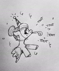 Size: 2098x2501 | Tagged: safe, artist:opalacorn, imported from derpibooru, oc, oc:void, pegasus, pony, cute, female, grayscale, hat, mare, monochrome, mouth hold, onomatopoeia, party hat, party horn, pencil drawing, solo, traditional art