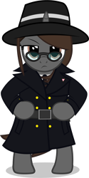 Size: 3116x6237 | Tagged: safe, artist:mrvector, imported from derpibooru, oc, oc:sonata, pony, unicorn, belt, bipedal, clothes, elements of justice, female, glasses, hat, mare, simple background, solo, transparent background, trenchcoat, turnabout storm, vector