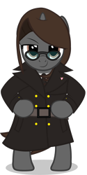 Size: 3116x6237 | Tagged: safe, alternate version, artist:mrvector, imported from derpibooru, oc, oc:sonata, pony, unicorn, belt, bipedal, clothes, elements of justice, female, glasses, mare, simple background, smiling, smug, solo, transparent background, trenchcoat, turnabout storm, vector