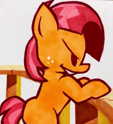 Size: 322x353 | Tagged: safe, artist:lu&ss, imported from derpibooru, babs seed, earth pony, pony, one bad apple, season 3, bipedal, clubhouse, crusaders clubhouse, female, filly, foal, freckles, friday night funkin', funkin' is magic, marker drawing, scene interpretation, smiling, solo, traditional art, youtube link