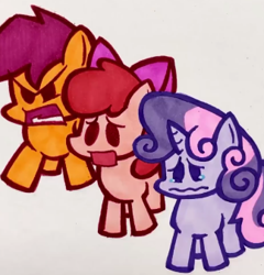 Size: 324x337 | Tagged: safe, artist:lu&ss, imported from derpibooru, apple bloom, scootaloo, sweetie belle, earth pony, pegasus, pony, unicorn, angry, apple bloom's bow, bow, crying, cutie mark crusaders, female, filly, foal, friday night funkin', funkin' is magic, hair bow, horn, marker drawing, sad, traditional art, trio, wavy mouth, youtube link