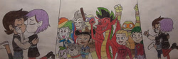 Size: 900x300 | Tagged: safe, artist:jebens1, imported from derpibooru, rainbow dash, spike, dog, dragon, human, turtle, equestria girls, spoiler:the owl house, african american, american dragon jake long, amity blight, black hair, canon ship, cheering, comic, curly hair, dark skin, donatello, dyed hair, edalyn clawthorne, emira blight, female, humanoid, jake long, kissing, lesbian, lesbian in front of boys, light skin, lumity, luz noceda, making out, male, michelangelo, non-mlp shipping, shipping, spike the dog, spoilers for another series, teenage mutant ninja turtles, the owl house, thumbs up, traditional art, trixie carter, witch