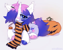 Size: 1280x1018 | Tagged: safe, artist:astralblues, imported from derpibooru, oc, oc only, pony, unicorn, clothes, ear fluff, female, halloween, holiday, jack-o-lantern, lying down, mare, prone, pumpkin, scarf, solo, striped scarf, thermometer