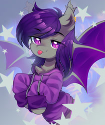 Size: 1280x1514 | Tagged: safe, artist:astralblues, imported from derpibooru, oc, bat pony, pony, clothes, female, hoodie, mare, solo