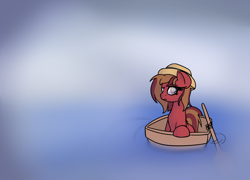 Size: 2598x1871 | Tagged: safe, artist:chespi, imported from derpibooru, oc, oc only, oc:cherry spirit, earth pony, pony, boat, female, fog, freckles, hat, looking sideways, oar, solo, water