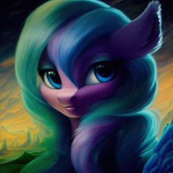 Size: 1024x1024 | Tagged: safe, imported from derpibooru, prompter:zealousmagician, oc, oc only, earth pony, pony, ai content, ai generated, blue eyes, bust, ear fluff, eyeshadow, female, fluffy, generator:purplesmart.ai, generator:stable diffusion, looking at you, makeup, mare, multicolored mane, portrait, smiling, smiling at you, solo