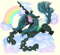 Size: 3500x3200 | Tagged: safe, artist:puppetizer, imported from derpibooru, queen chrysalis, changeling, changeling queen, cloud, female, forked tongue, rainbow, solo, squiggly, wingding eyes