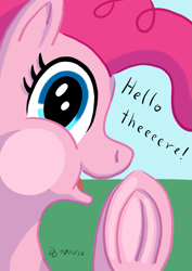 Size: 849x1200 | Tagged: safe, artist:darkdabula, imported from derpibooru, pinkie pie, earth pony, pony, against glass, breaking the fourth wall, cheek squish, frog (hoof), glass, looking at you, solo, squishy cheeks, underhoof