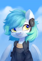 Size: 2816x4096 | Tagged: safe, artist:sofiko-ko, imported from derpibooru, oc, oc only, oc:siriusnavigator, pegasus, pony, clothes, commission, earpiece, female, grin, jacket, looking offscreen, mare, smiling, solo