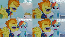 Size: 4400x2475 | Tagged: safe, edit, edited screencap, editor:quoterific, imported from derpibooru, screencap, bulk biceps, rainbow dash, spitfire, pegasus, pony, season 3, wonderbolts academy