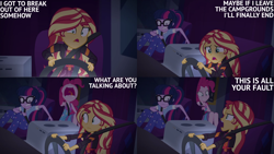 Size: 4400x2475 | Tagged: safe, edit, edited screencap, editor:quoterific, imported from derpibooru, screencap, pinkie pie, sci-twi, sunset shimmer, twilight sparkle, human, equestria girls, equestria girls series, sunset's backstage pass!, spoiler:eqg series (season 2)