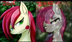 Size: 513x302 | Tagged: safe, artist:dashy21, imported from derpibooru, roseluck, earth pony, pony, bust, flower in mouth, lidded eyes, looking at you, neck fluff, rose, rose in mouth, smiling, smiling at you, solo