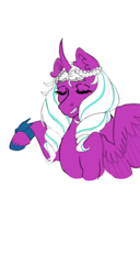 Size: 344x674 | Tagged: safe, artist:luna_mcboss, imported from derpibooru, opaline arcana, alicorn, pony, spoiler:g5, spoiler:my little pony: make your mark, bracelet, braid, bust, curved horn, ear fluff, eyes closed, feathered wings, g5, horn, jewelry, my little pony: make your mark, pink coat, simple background, solo, unshorn fetlocks, white background, white mane, wings