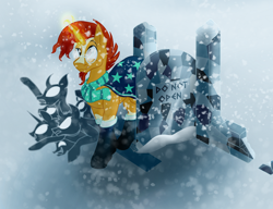 Size: 1950x1500 | Tagged: safe, artist:sixes&sevens, imported from derpibooru, sunburst, pony, umbrum, unicorn, clothes, gate, glasses, magic, male, scarf, shadow, snow, socks, solo