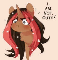 Size: 694x723 | Tagged: safe, artist:loyaldis, imported from derpibooru, oc, oc only, oc:rosecake, unicorn, blatant lies, blushing, chest fluff, i'm not cute, male, solo