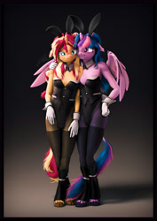 Size: 4000x5656 | Tagged: safe, artist:imafutureguitarhero, imported from derpibooru, sci-twi, sunset shimmer, twilight sparkle, alicorn, anthro, classical unicorn, unguligrade anthro, unicorn, 3d, :s, adorasexy, arm fluff, arm freckles, blushing, boots, border, bunny ears, bunny suit, bunny tail, cheek fluff, chest freckles, chin fluff, chromatic aberration, clothes, cloven hooves, colored eyebrows, colored eyelashes, costume, crossed legs, cuffs (clothes), cute, dialogue in the description, duo, duo female, ear fluff, ear freckles, embarrassed, female, film grain, floppy ears, fluffy, fluffy mane, fluffy tail, freckles, fur, glitter, gloves, grin, hand on hip, hand on shoulder, hoof boots, horn, leg freckles, leonine tail, lesbian, long hair, long mane, looking at someone, looking down, mare, matching outfits, multicolored hair, multicolored mane, multicolored tail, nervous, nose wrinkle, one ear down, one eye closed, outfit, paintover, peppered bacon, playboy bunny, revamped anthros, revamped ponies, scitwilicorn, scitwishimmer, scrunchy face, see-through, sexy, shadow, shimmerbetes, shipping, shoes, shoulder fluff, shoulder freckles, signature, sleeveless, smiling, source filmmaker, stockings, sunsetsparkle, tail, tail fluff, thigh highs, twiabetes, twilight sparkle (alicorn), unshorn fetlocks, varying degrees of amusement, wall of tags, wavy mouth, wings, wink