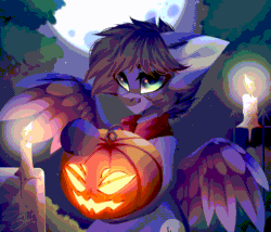 Size: 1260x1080 | Tagged: safe, artist:shinoshai, imported from derpibooru, oc, oc only, oc:fenris ebonyglow, pegasus, pony, animated, candle, clothes, full moon, gif, halloween, holiday, jack-o-lantern, moon, night, pumpkin, scarf, solo, spread wings, wings