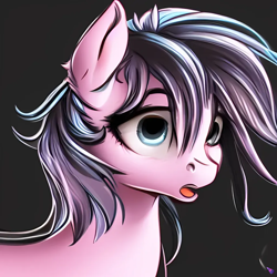 Size: 1024x1024 | Tagged: safe, imported from derpibooru, oc, unnamed oc, pony, ai content, ai generated, ear fluff, existential crisis, female, generator:purplesmart.ai, generator:stable diffusion, i've seen some shit, mare, messy mane, nostril flare, open mouth, scared, shocked, simple background, solo