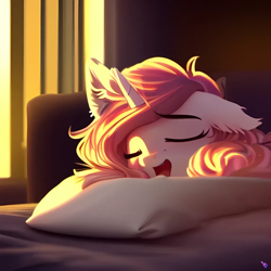 Size: 1024x1024 | Tagged: safe, imported from derpibooru, oc, oc only, unnamed oc, pony, unicorn, ai content, ai generated, backlighting, beautiful, bed, bust, cute, ear fluff, eyebrows, eyebrows visible through hair, eyes closed, female, fluffy, generator:purplesmart.ai, generator:stable diffusion, mare, messy mane, morning, one ear down, open mouth, pillow, portrait, relaxed, sleeping, smiling, solo, sunlight