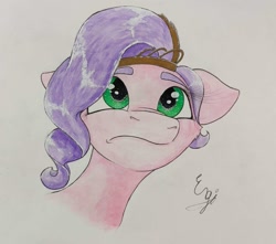 Size: 1637x1449 | Tagged: safe, artist:engi, imported from derpibooru, pipp petals, pegasus, pony, crown, eyebrows, female, g5, jewelry, my little pony: make your mark, portrait of a princess, regalia, simple background, solo, traditional art, watercolor painting