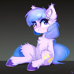 Size: 1024x1024 | Tagged: safe, imported from derpibooru, oc, unnamed oc, pony, ai content, ai generated, amputee, blushing, chest fluff, colored hooves, cute, ear fluff, female, fluffy, generator:purplesmart.ai, generator:stable diffusion, looking at you, mare, simple background, sitting, solo, sparkly mane, unshorn fetlocks