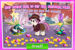 Size: 1957x1297 | Tagged: safe, imported from derpibooru, heartfelt song, bird, earth pony, pony, swan, advertisement, background pony, bush, coin, english, female, firefly lamp, flower, gameloft, gem, hat, lantern, mare, movie reference, my little pony: magic princess, numbers, official, pigeon lady, pillow, pink mane, pink tail, solo, solo focus, tail, text, water, white coat, white fur