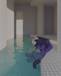 Size: 3000x3750 | Tagged: safe, artist:sleepymist, imported from derpibooru, oc, oc:mist avalon, pony, unicorn, emo, horn, liminal space, poolrooms, relaxing, solo, swimming pool, the backrooms, unicorn oc, water