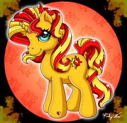 Size: 1125x1095 | Tagged: safe, artist:drinkyourvegetable, imported from derpibooru, sunset shimmer, pony, unicorn, catasterism, cute, cutie mark background, female, fiery shimmer, g3, g4, g4 to g3, generation leap, hoof heart, mare, shimmerbetes, solo, sun, sunshine shimmer