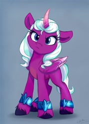 Size: 1500x2098 | Tagged: safe, artist:rutkotka, imported from derpibooru, opaline arcana, alicorn, pony, spoiler:g5, spoiler:my little pony: make your mark, spoiler:my little pony: make your mark chapter 2, angry, cute, female, g5, gray background, looking at you, madorable, mare, my little pony: make your mark, my little pony: make your mark chapter 2, opalinebetes, simple background, solo, unshorn fetlocks