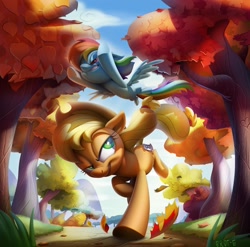 Size: 2048x2022 | Tagged: safe, artist:brdte, imported from derpibooru, applejack, rainbow dash, earth pony, pegasus, pony, autumn, duo, female, flying, lidded eyes, mare, race, running, running of the leaves, scenery, smiling, tree